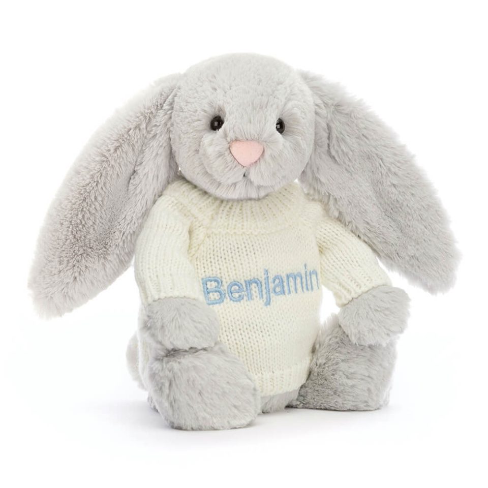 Bashful Silver Bunny with Personalised Cream Jumper
